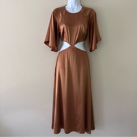 Reformation Noemi Cutout Silk Midi Dress Sz 0 Butterscotch Cocktail Wedding - Picture 2 of 16